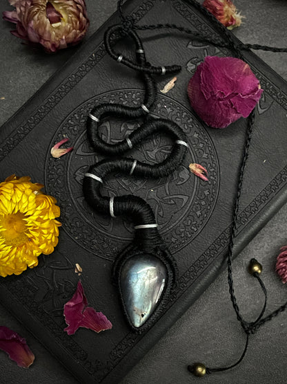 Labradorite Serpent Teardrop Macramé Necklace (Twisted Nightshade Jewellery) Snake