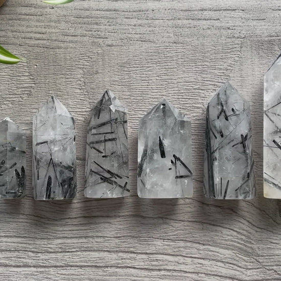 Pictured are various points of black tourmaline in quartz.