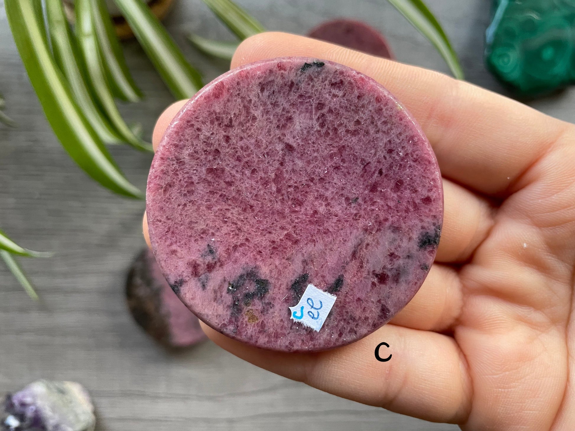 Pictured is a rhodonite crystal coin.