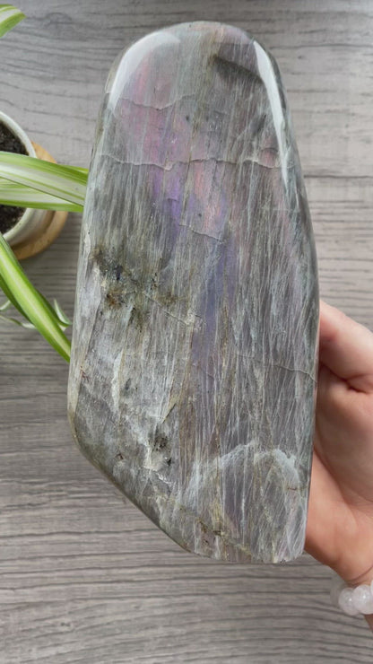 Pictured is a large polished labradorite freeform with a purple and pink flash.