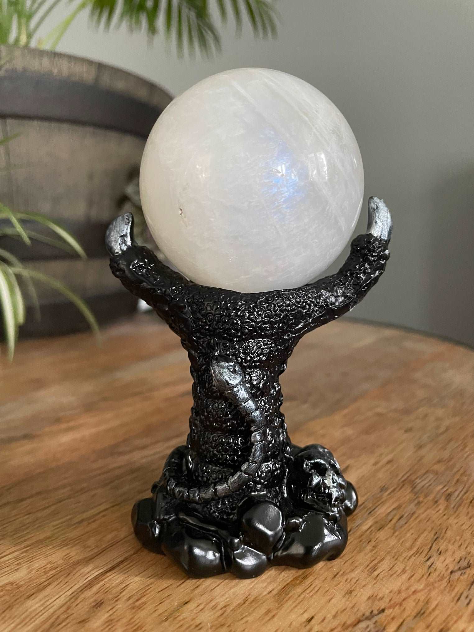 Pictured is a sphere stand in the shape of a black dragon's claw.