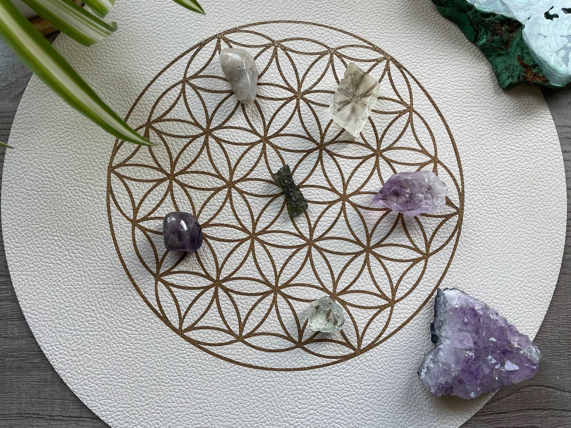 Pictured is a faux leather flower of life crystal grid.