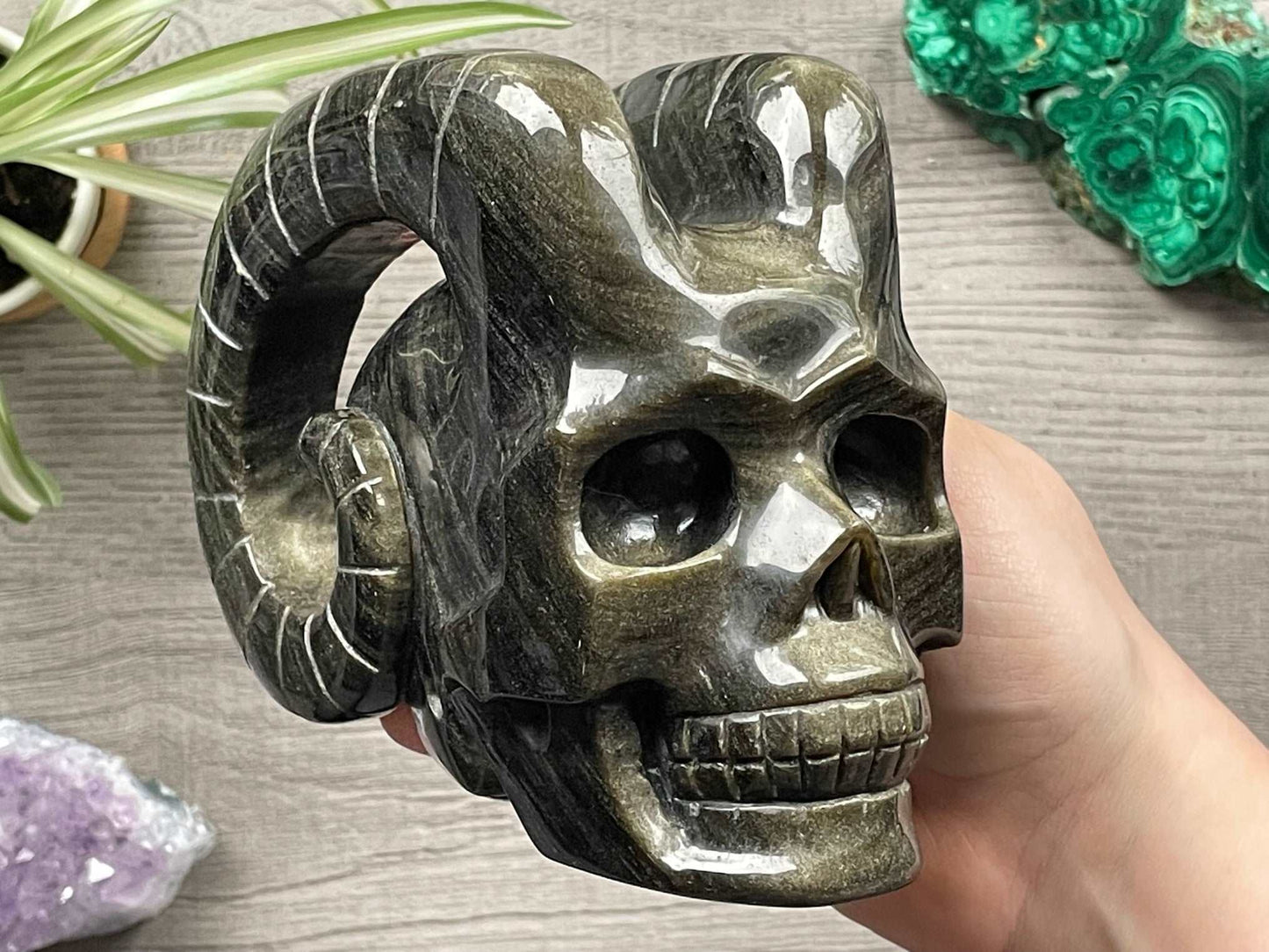 Pictured is a large demon skull with horns carved out of gold sheen obsidian.