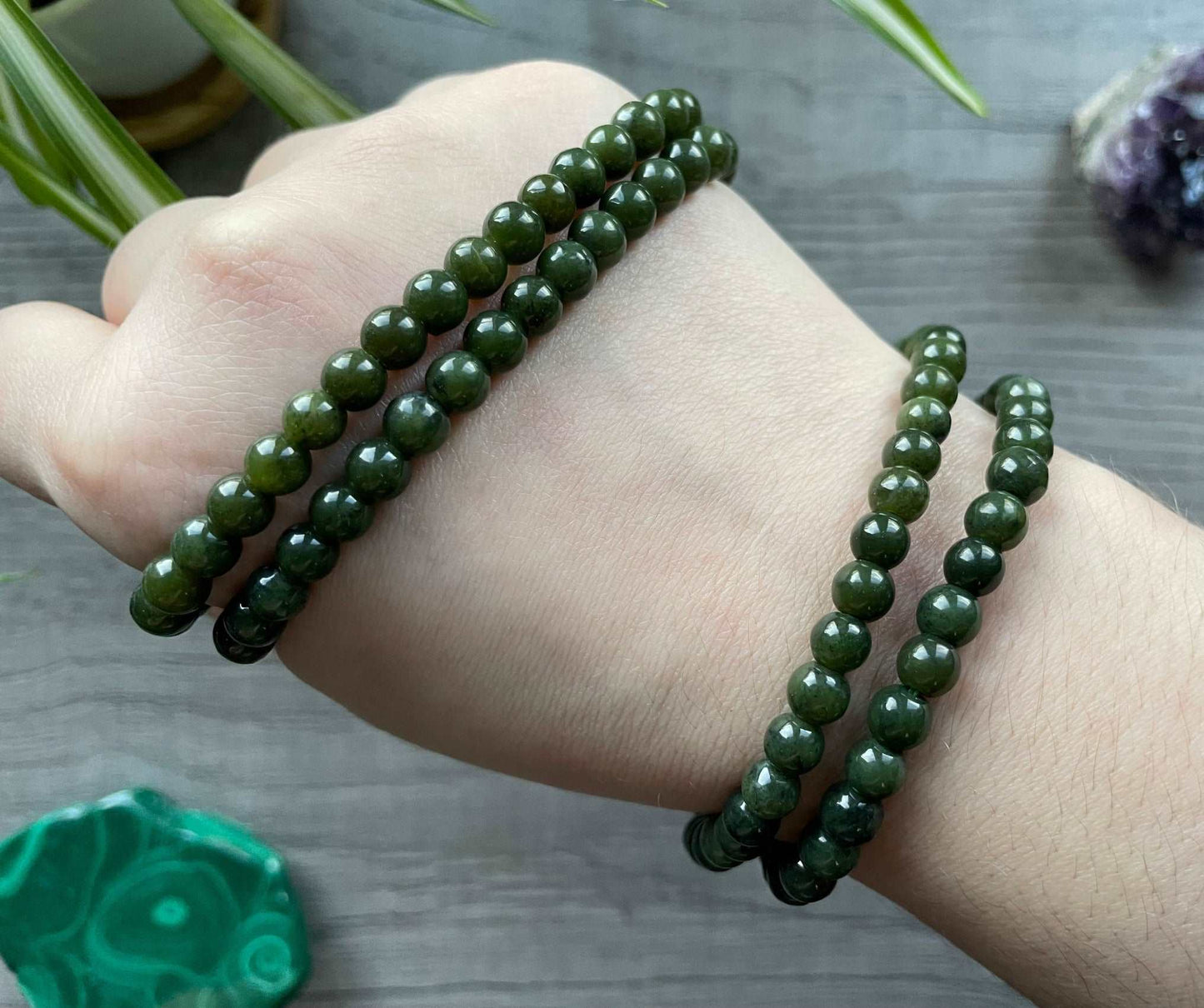 Pictured is a Canadian nephrite jade bead bracelet.