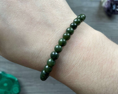 Pictured is a Canadian nephrite jade bead bracelet.