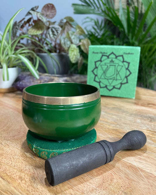 Pictured is a small metal singing bowl with a pillow and a wood gong mallet.