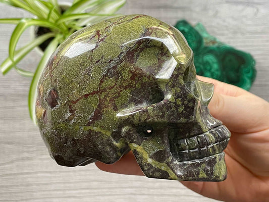 Pictured is a large skull carved out of dragon bloodstone jasper.