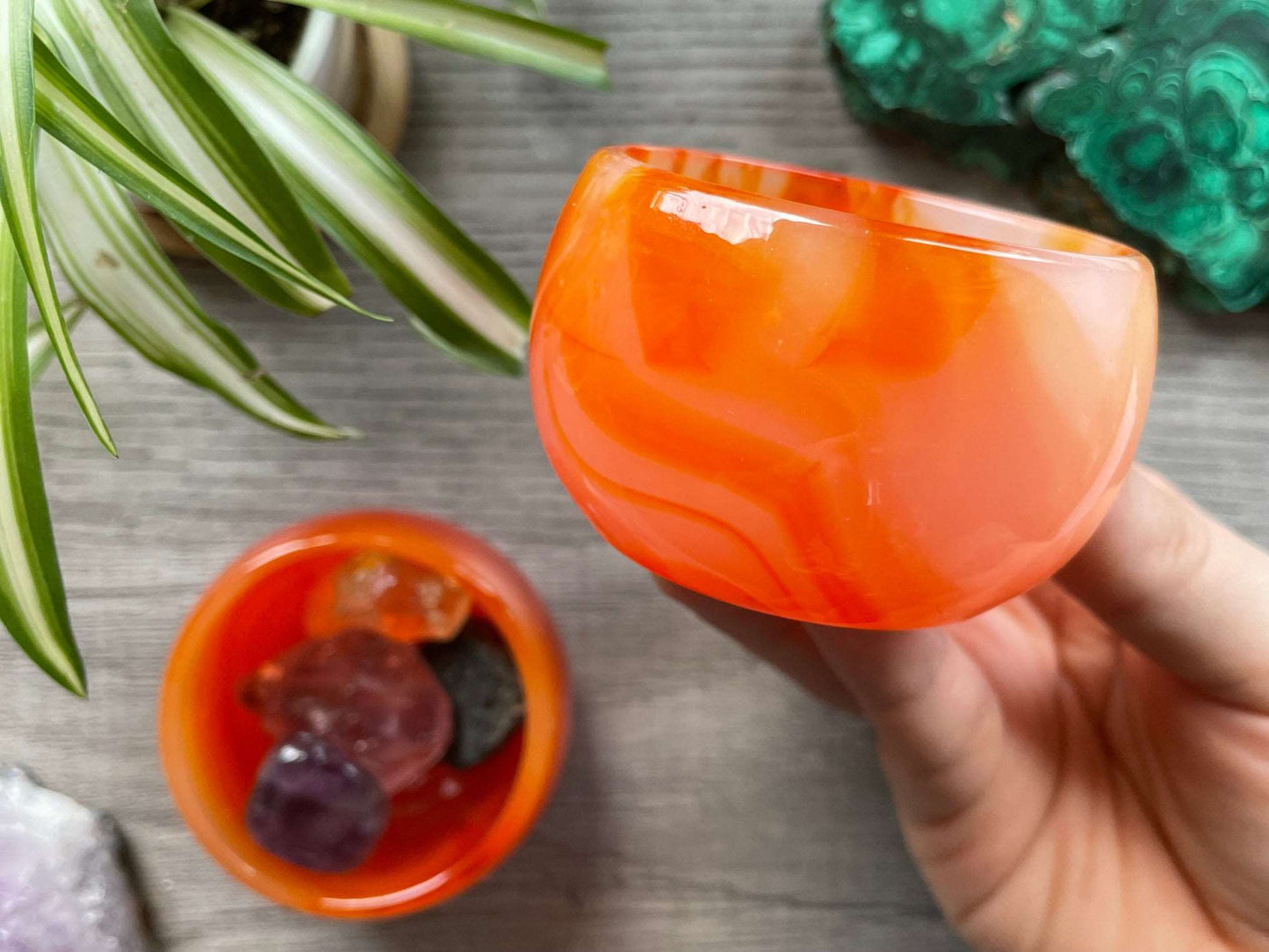 Pictured is a faux carnelian glass bowl.