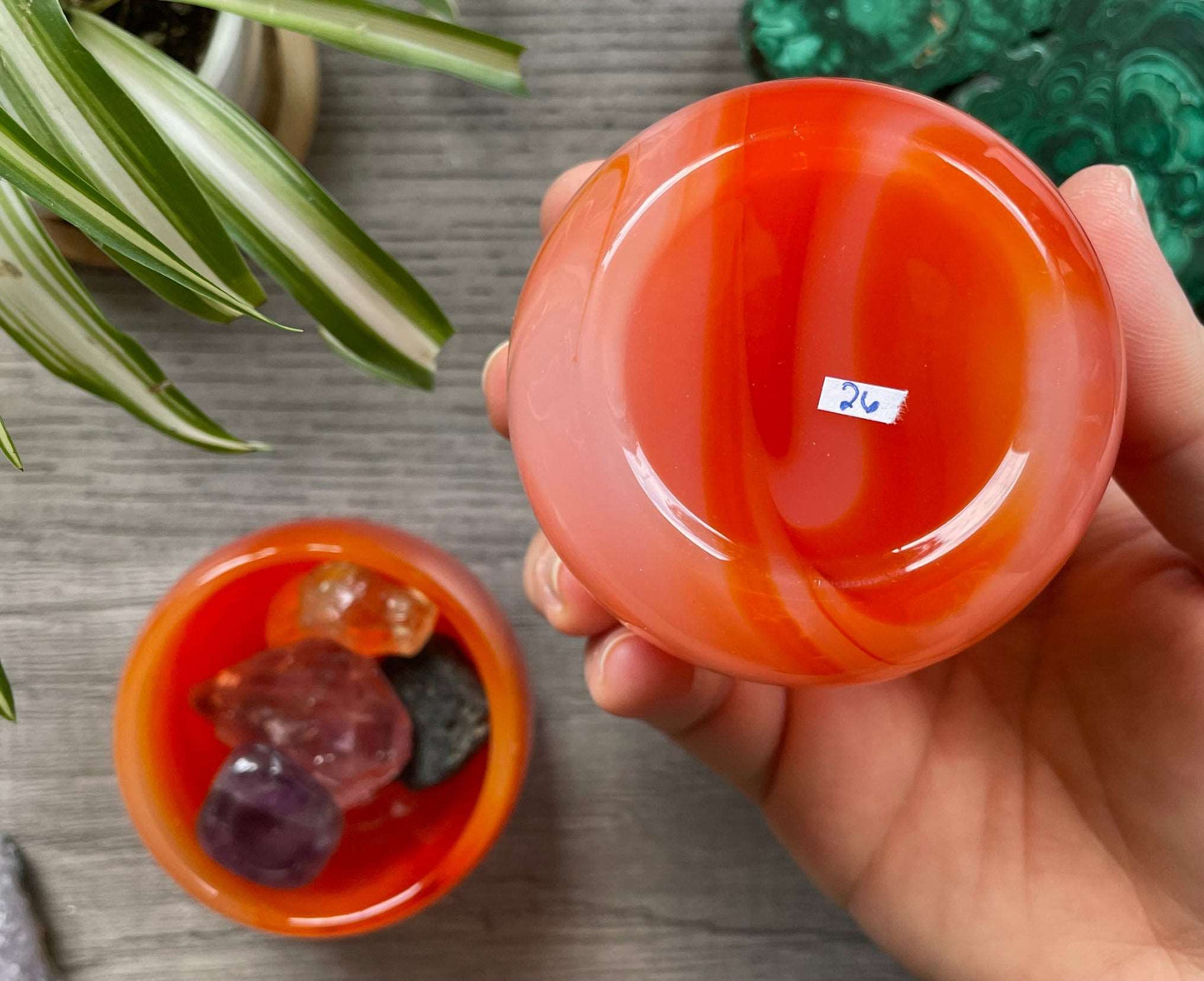 Pictured is a faux carnelian glass bowl.