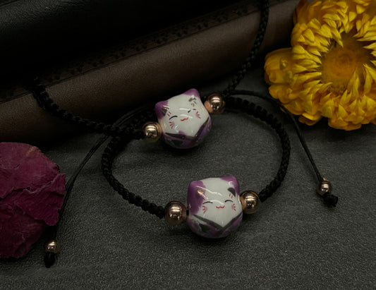 Purple Maneki Neko "Lucky Cat" Bracelet (Twisted Nightshade Jewellery)