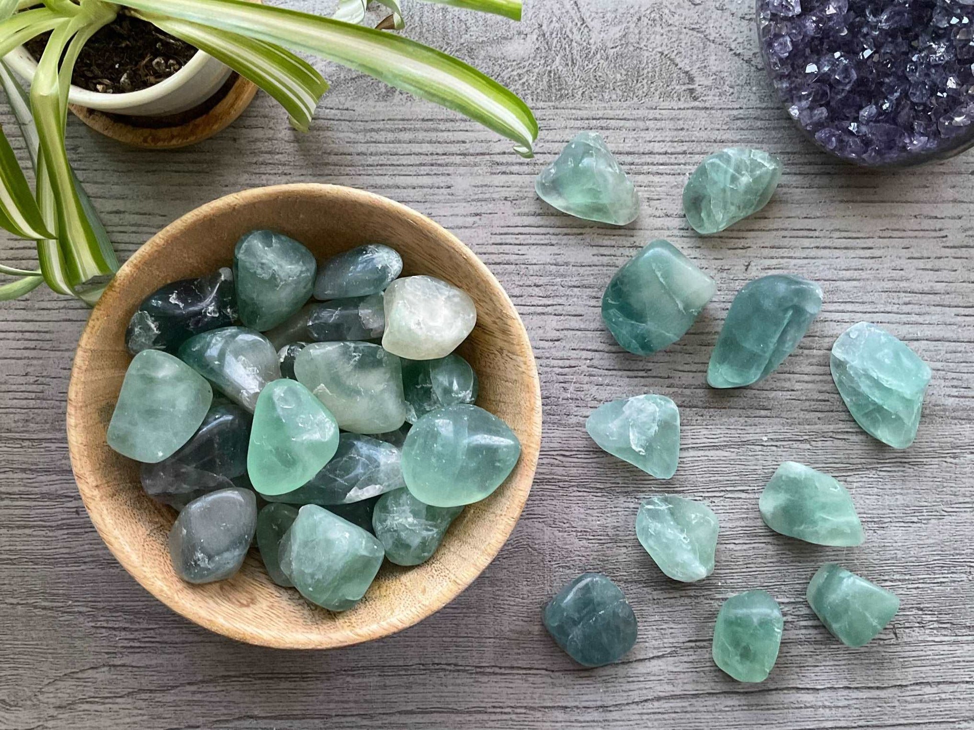 Pictured are various fluorite tumbled stones.