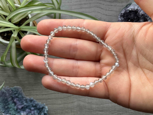 Pictured is a grey moonstone bead bracelet.