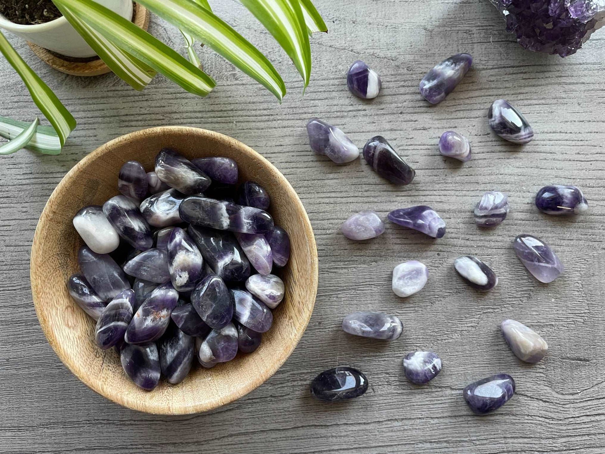 Pictured are various chevron amethyst tumbled stones.