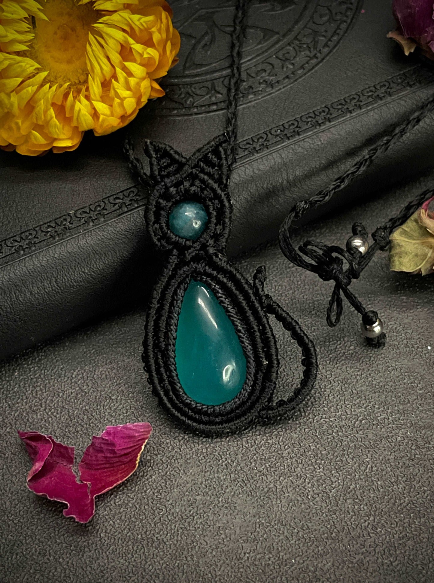 Chalcedony & Blue Apatite Cat Macramé Necklace (Twisted Nightshade Jewellery)