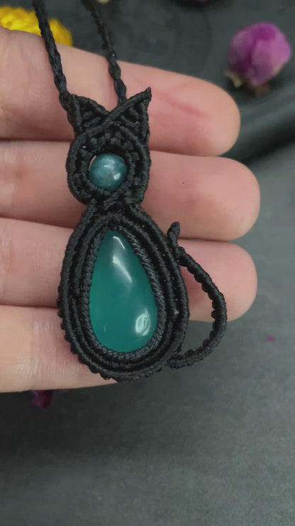 Chalcedony & Blue Apatite Cat Macramé Necklace (Twisted Nightshade Jewellery)
