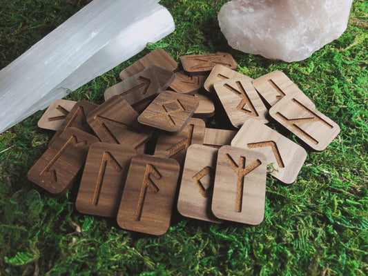 Pictures are handmade wood tile runes.