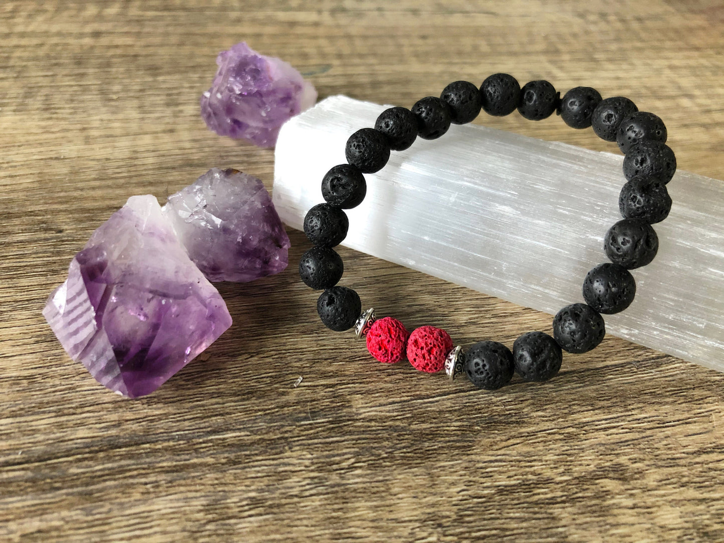 Pictured is a lava stone bracelet.