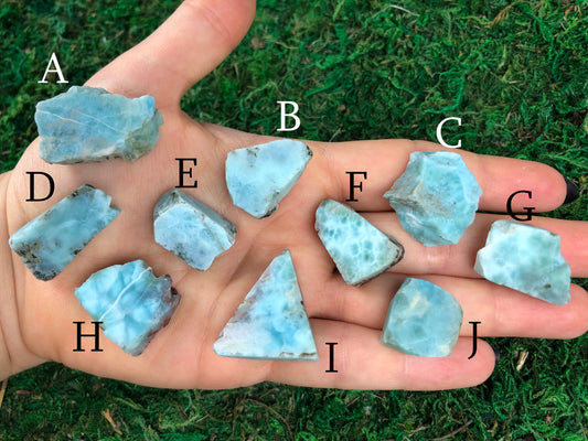 Pictured are various slabs of larimar.