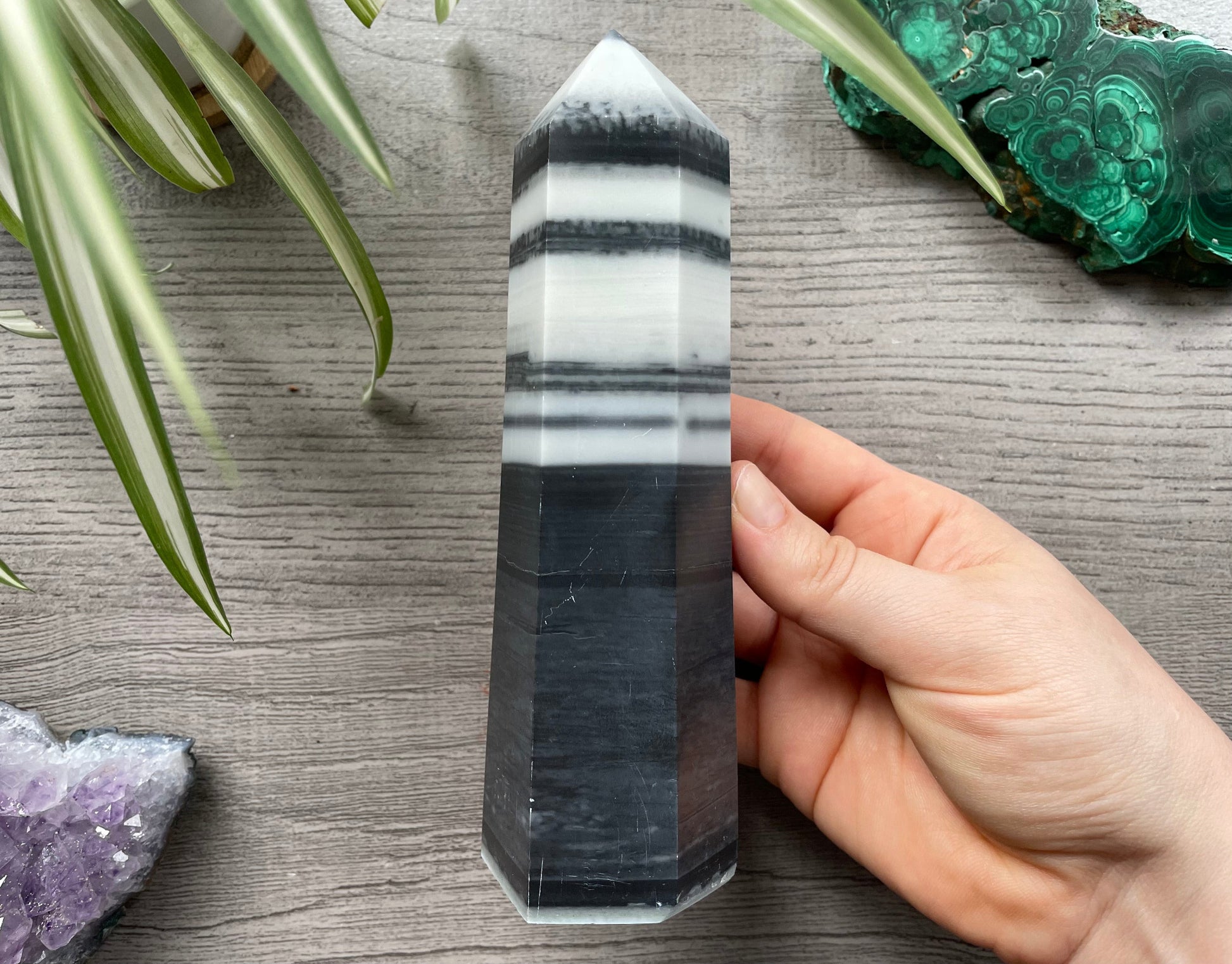 Pictured is a tower carved out of zebra jasper.