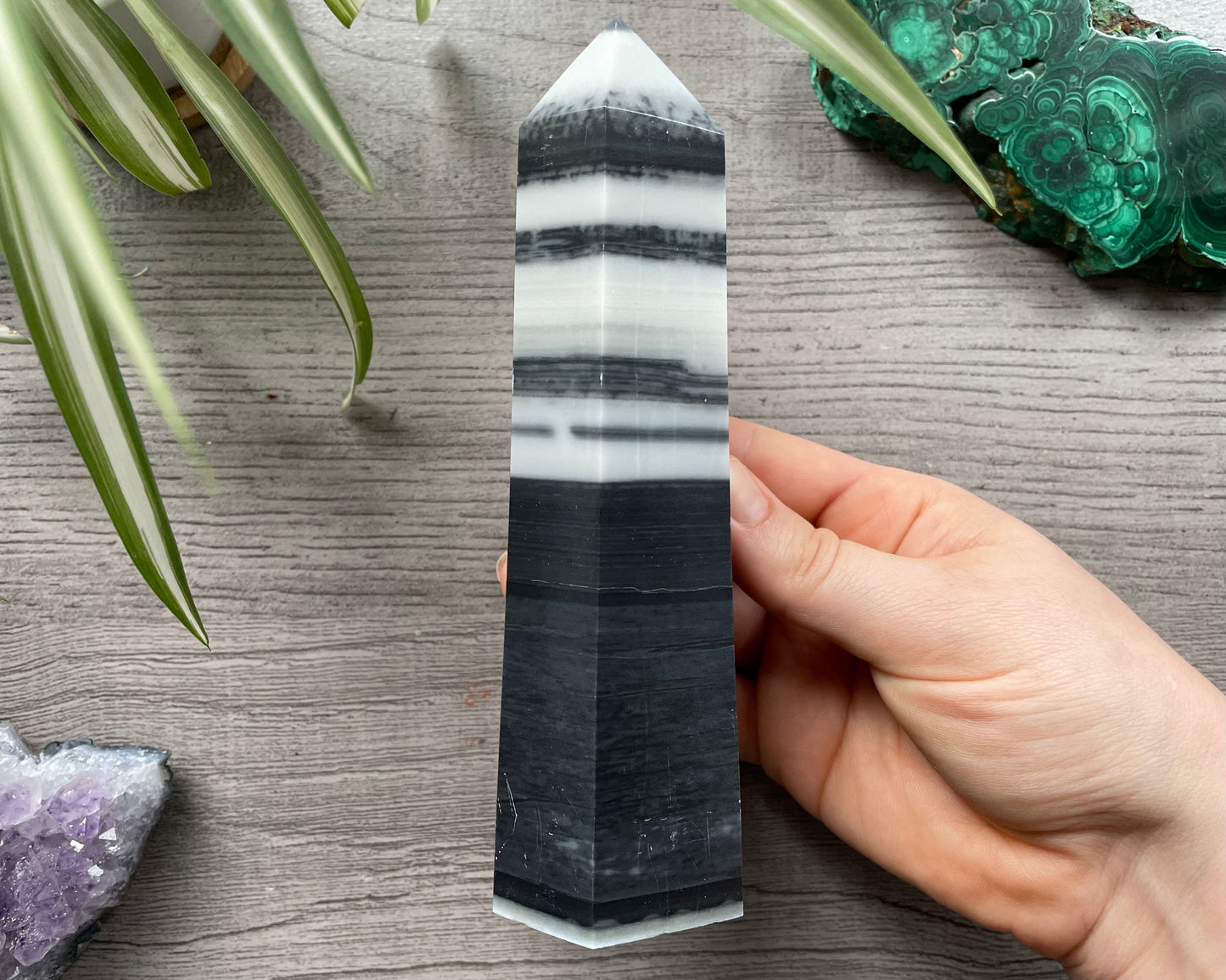 Pictured is a tower carved out of zebra jasper.