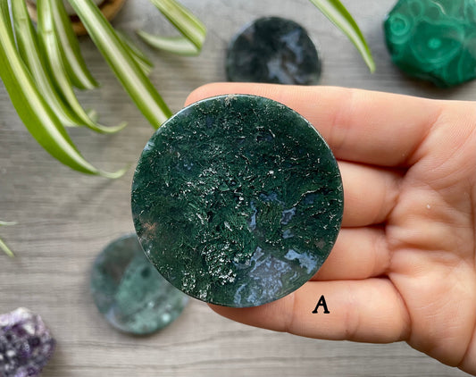 Pictured is a moss agate crystal coin.