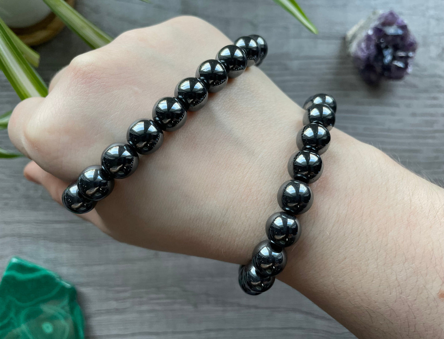 Pictured is a hematite bead bracelet.