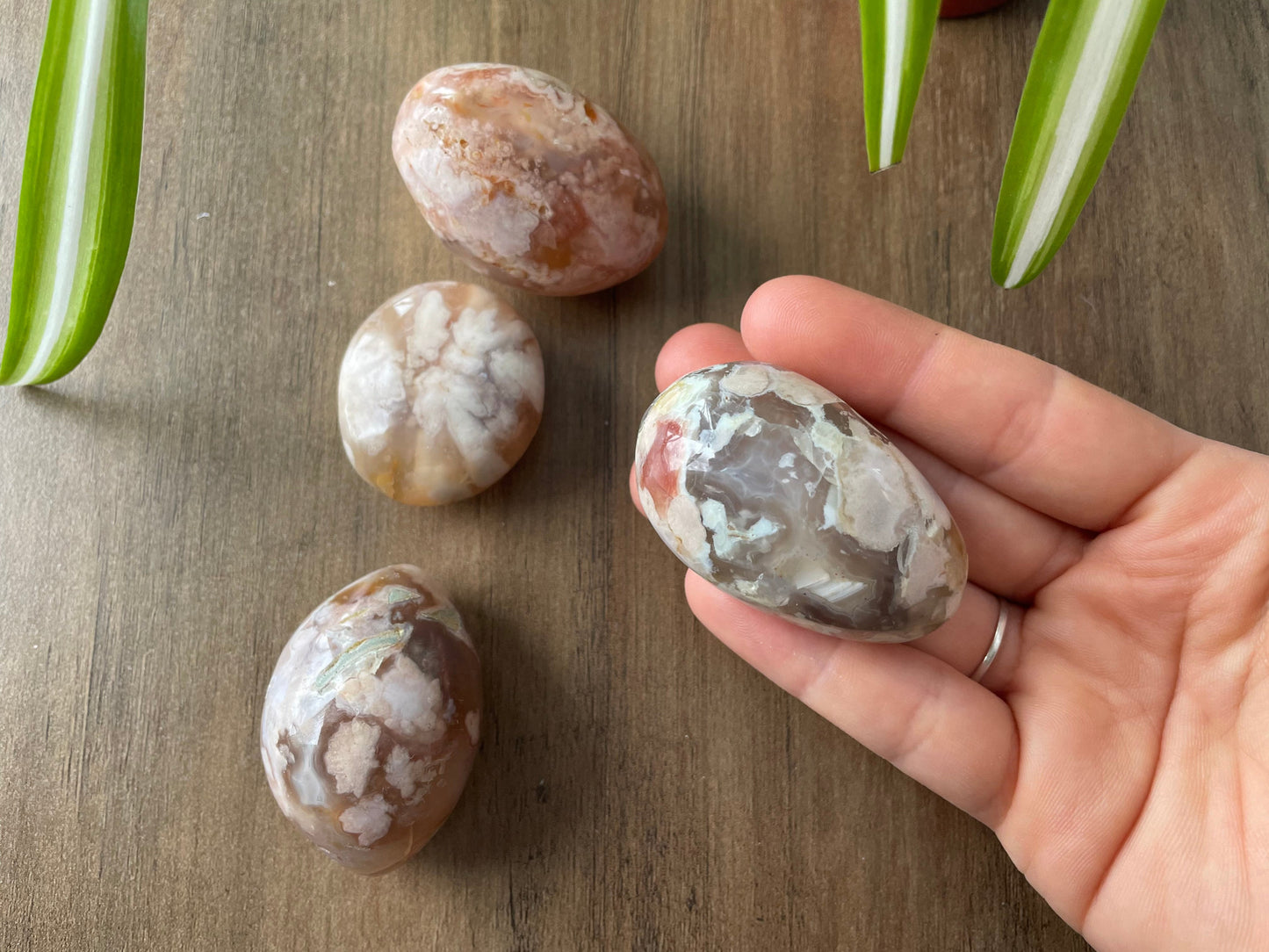 Pictured are various polished flower agate stones.