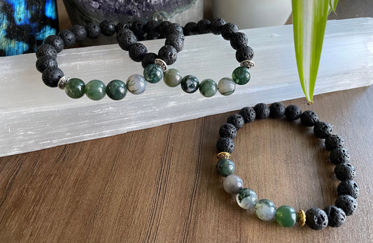 Pictured is a moss agate and lave bead bracelet.
