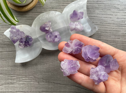 Pictured are various pieces of raw amethyst clusters.