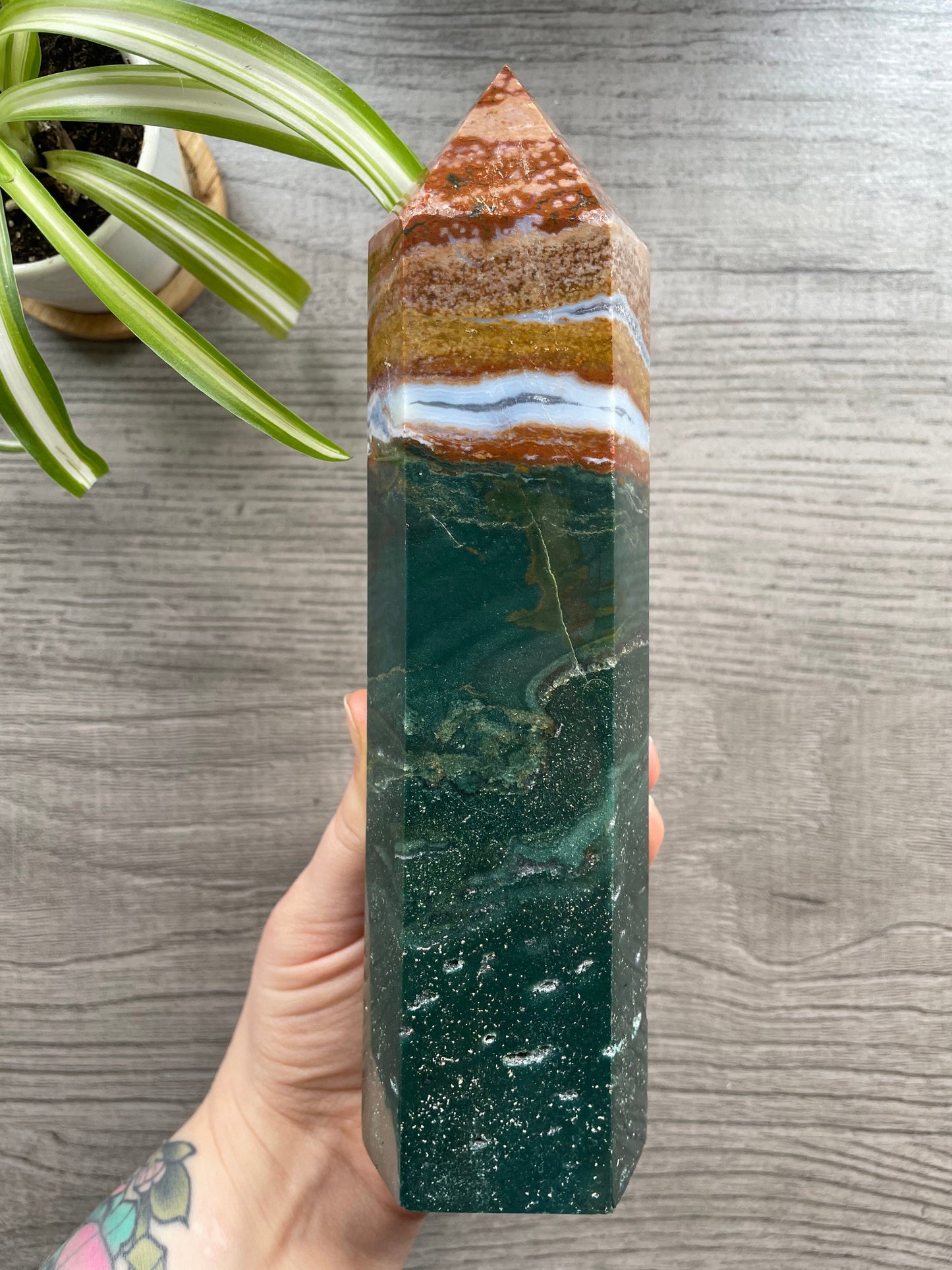 Pictured is a tower carved out of ocean jasper / river jasper.