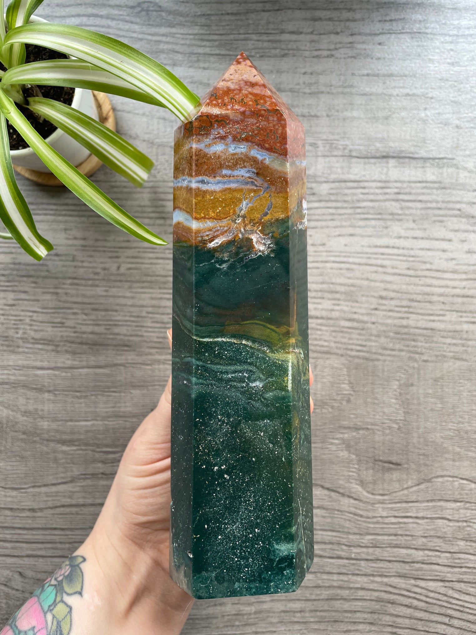 Pictured is a tower carved out of ocean jasper / river jasper.
