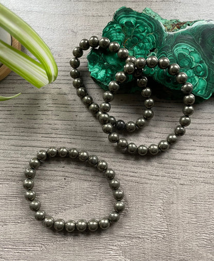 Pictured is a pyrite bead bracelet.