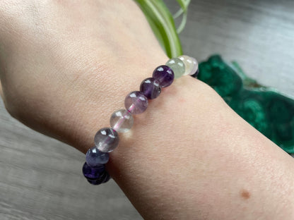 Pictured is a rainbow fluorite bead bracelet.