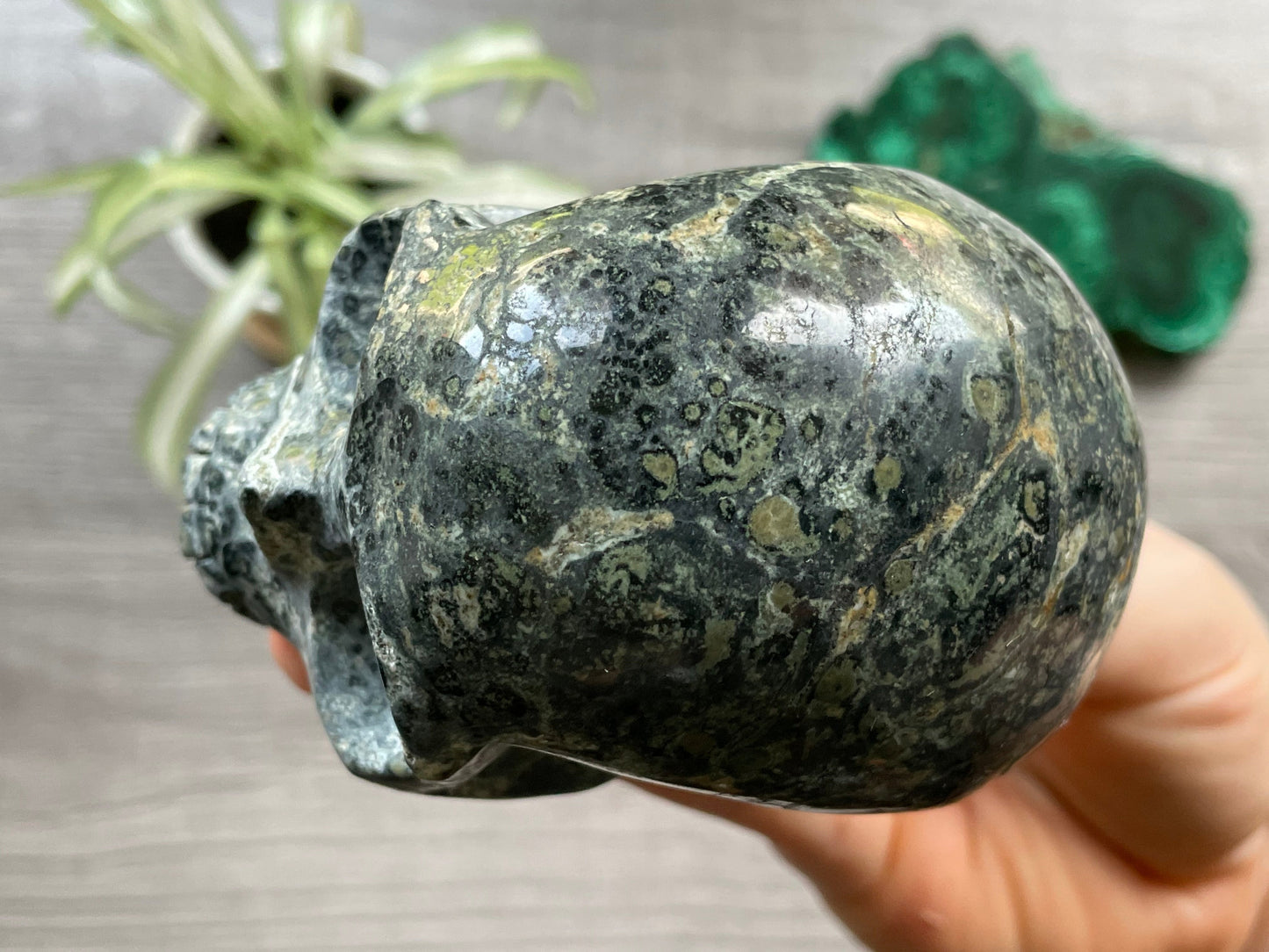 Pictured is a large skull carved out of Kambaba jasper.
