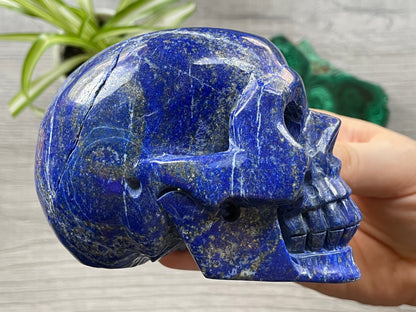 Pictured is a large skull carved out of lapis lazuli.