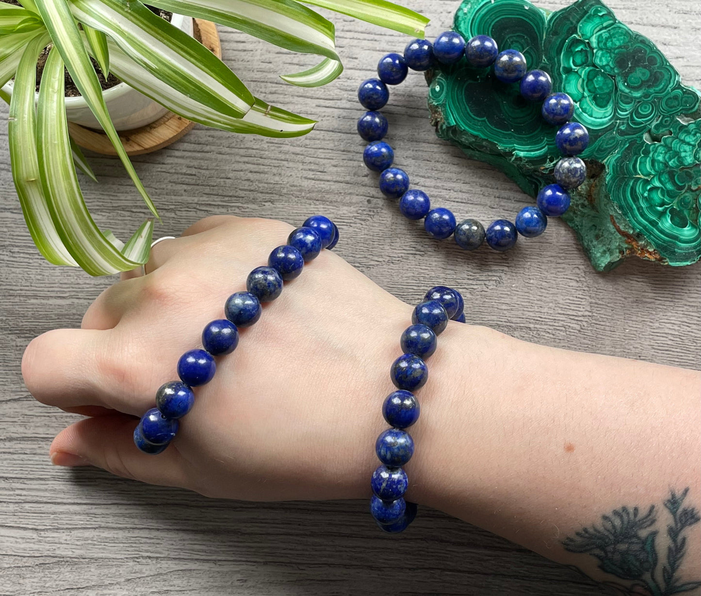 Pictured is a lapis lazuli bracelet.