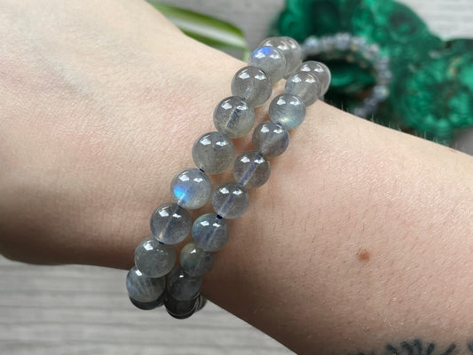 Pictured is a labradorite bead bracelet.