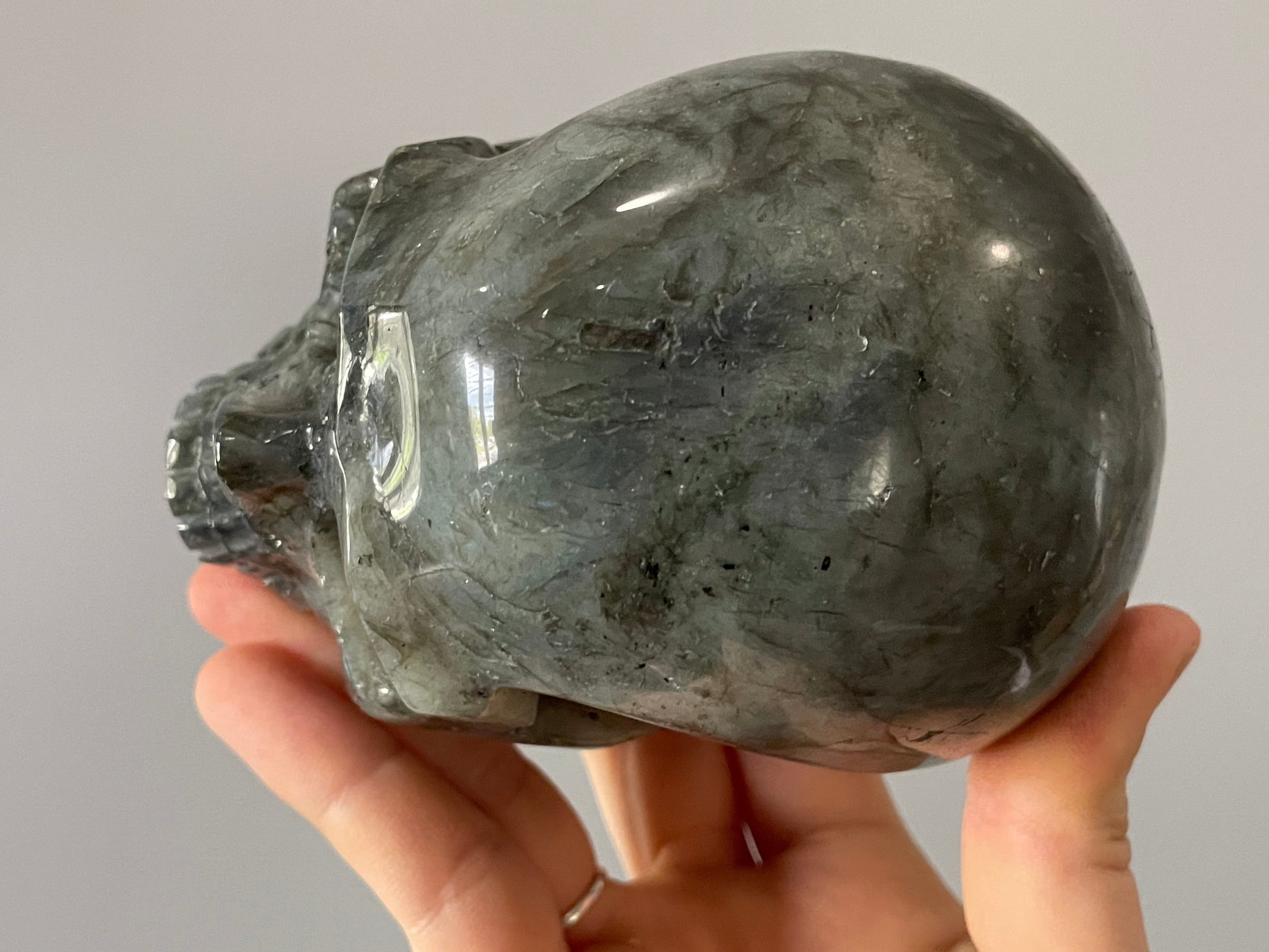 Pictured is a large skull carved out of labradorite with blue and green and purple and yellow flashes.