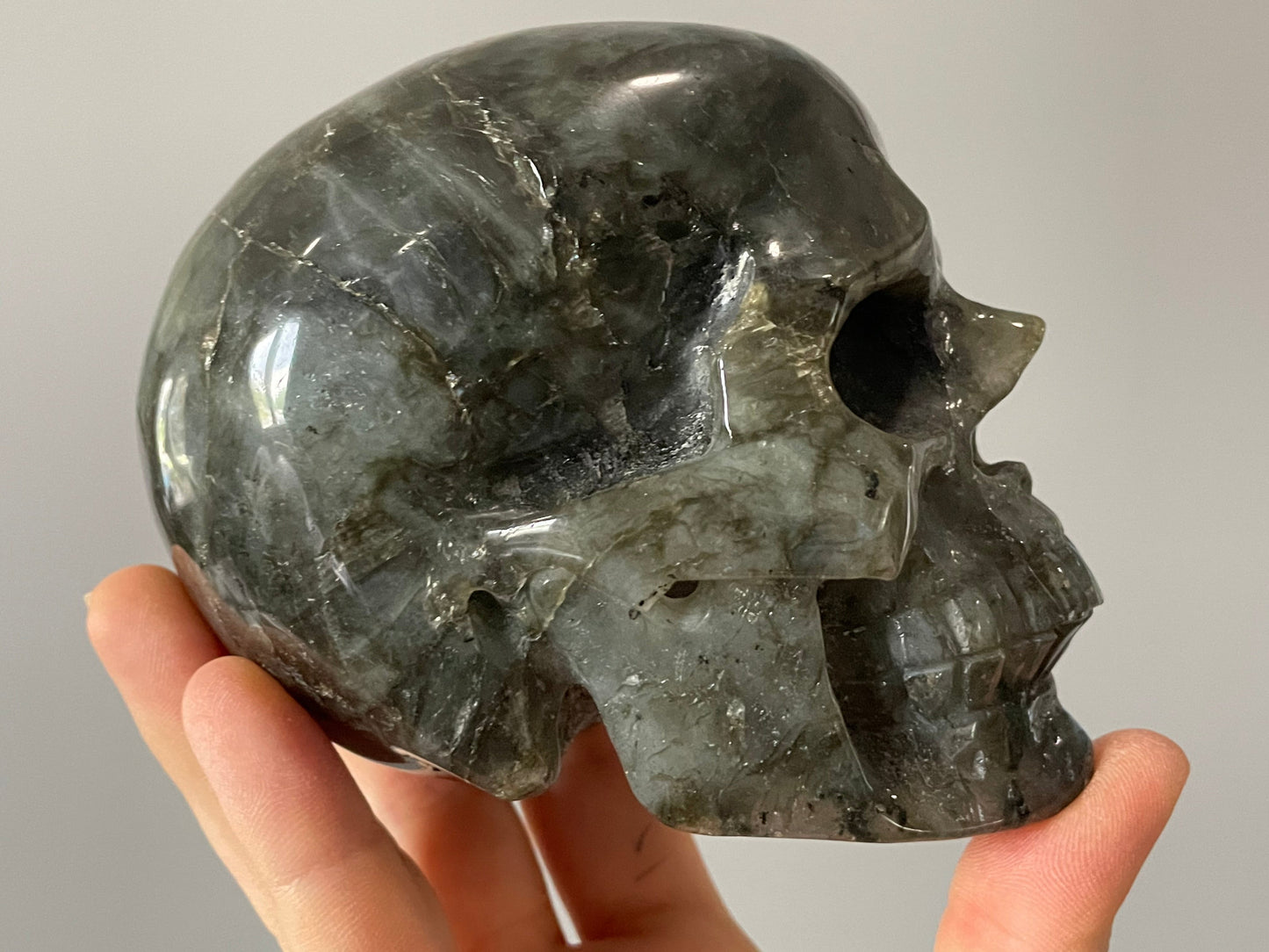 Pictured is a large skull carved out of labradorite with blue and green and yellow flashes.