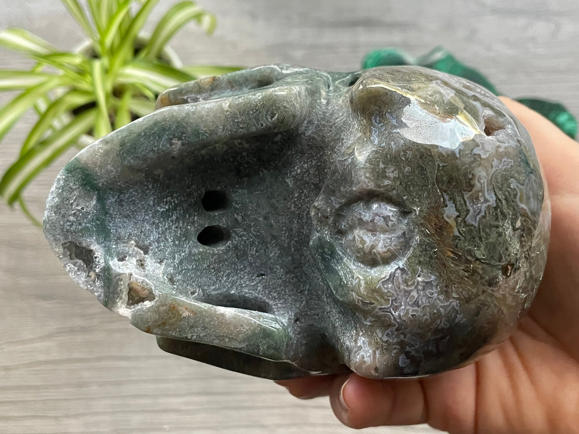 Pictured is a large skull carved out of moss agate.