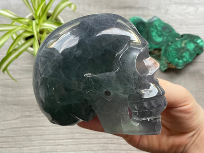 Pictured is a large skull carved out of rainbow fluorite.