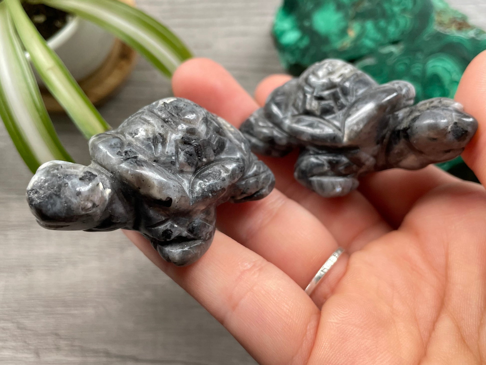 Pictured are turtles carved out of larvikite.