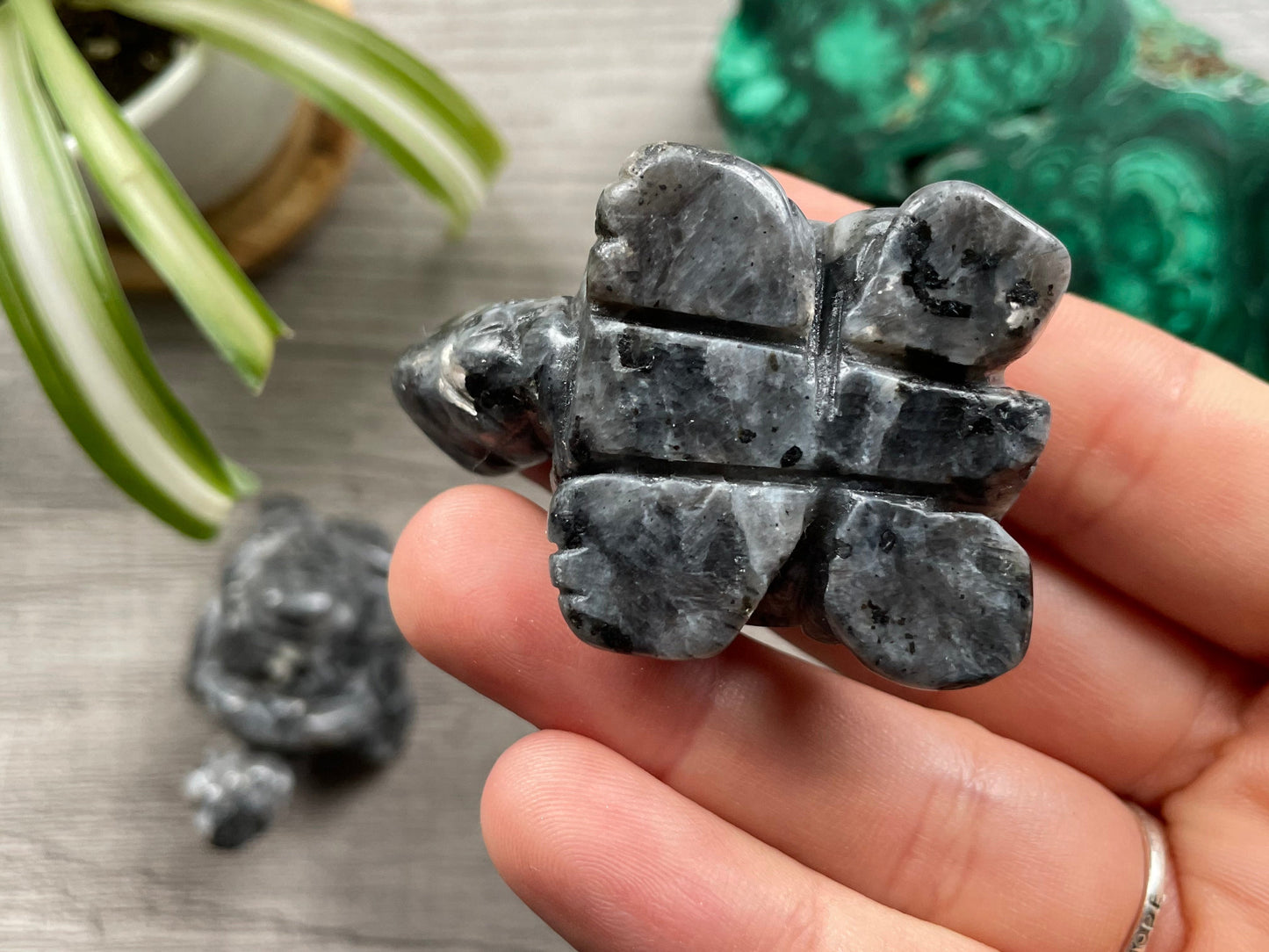 Pictured are turtles carved out of larvikite.