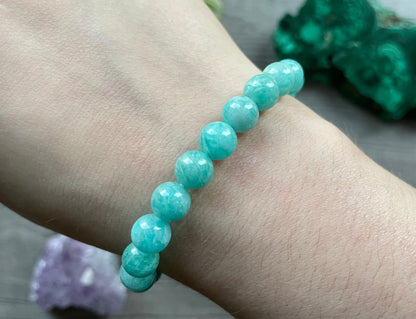 Pictured is an amazonite bead bracelet.