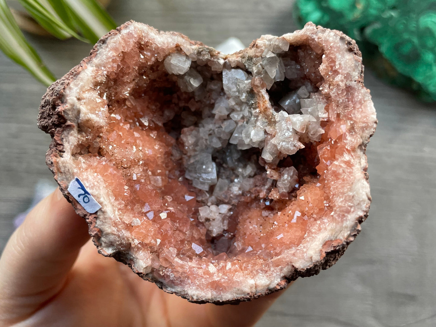 Pictured is a pink amethyst geode.