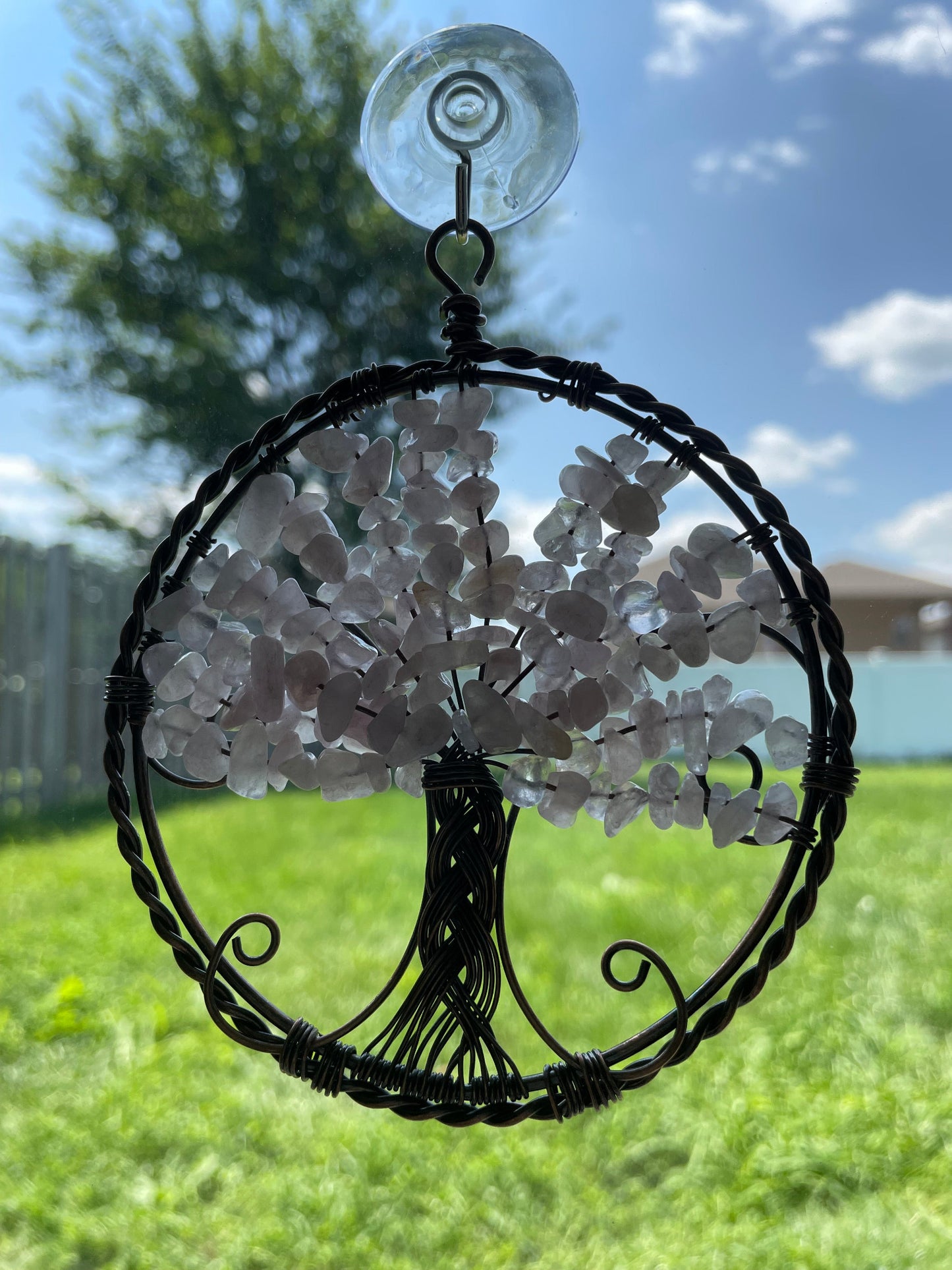 Rose Quartz Wire-Wrapped Tree of Life Window Decoration