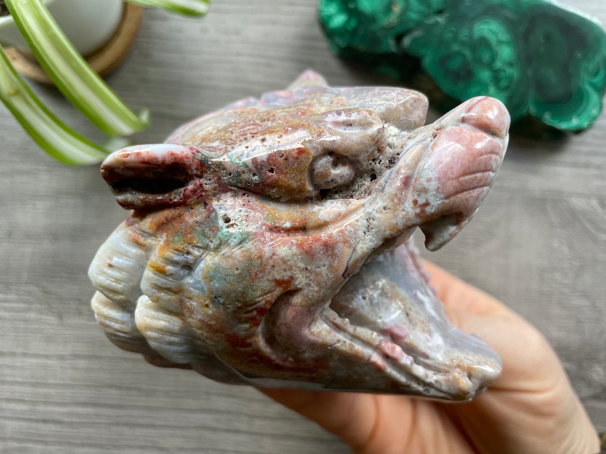 Pictured is a roaring tiger's head carved out of Indian agate.