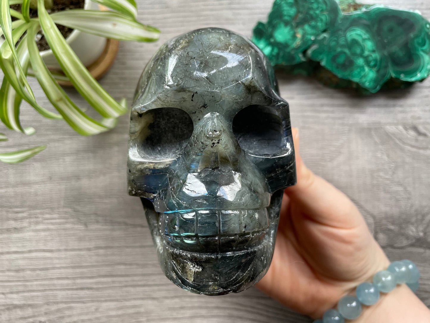 Pictured is a large skull carved out of labradorite with blue and green and yellow flashes.