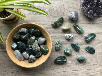 Pictured are various moss agate tumbled stones.