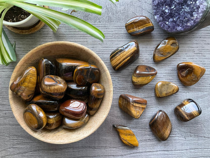 Pictured are various tiger's eye tumbled stones.